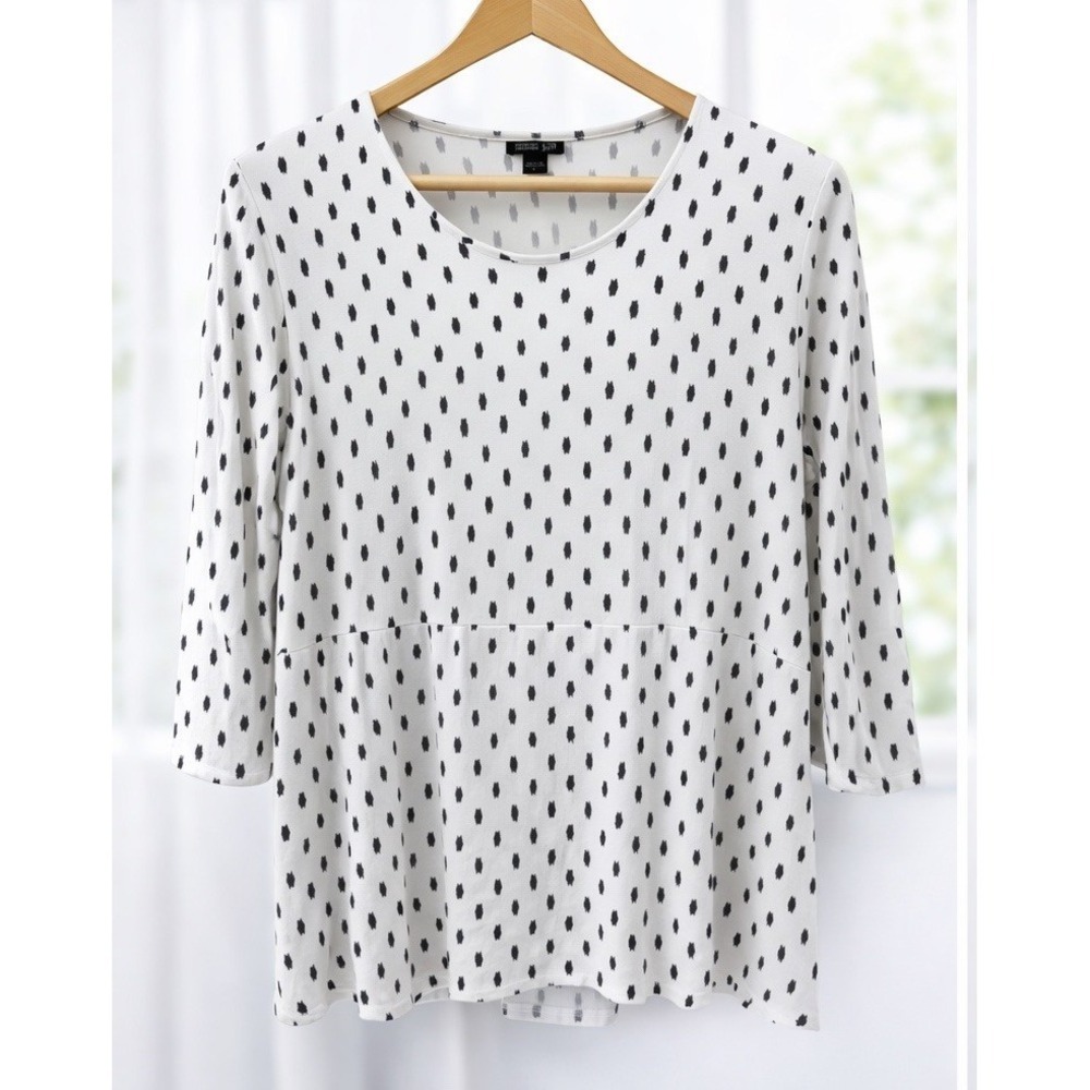 J. Jill Wearever Popover Blouse Tunic Top Black‎ Cream Flowy Rayon Knit Size L